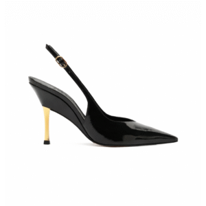 Scarpin Preto Couro Slingback Salto Alto Dourado