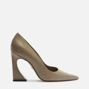 Scarpin Cinza Couro Salto Geométrico Flare