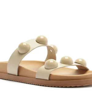 Rasteira Tiras Paralelas Esfera Pop Couro Bege