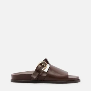 Sandália Papete Slide Marrom Couro Fivela