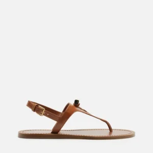 Sandália Rasteira Marrom Couro Tira Larga Metal