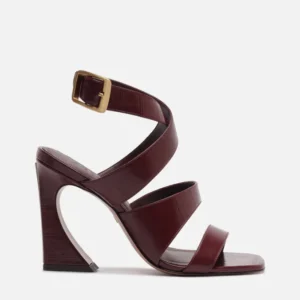 Sandália Bordô Couro Salto Alto Geométrico Flare