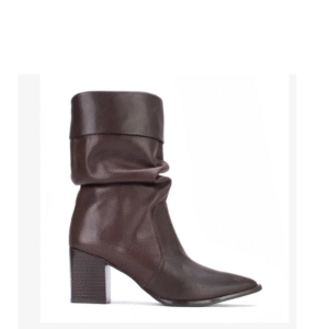 Bota Couro Belinda Slouchy Cano Médio Salto Bloco Bico Fino Lia Line Marrom